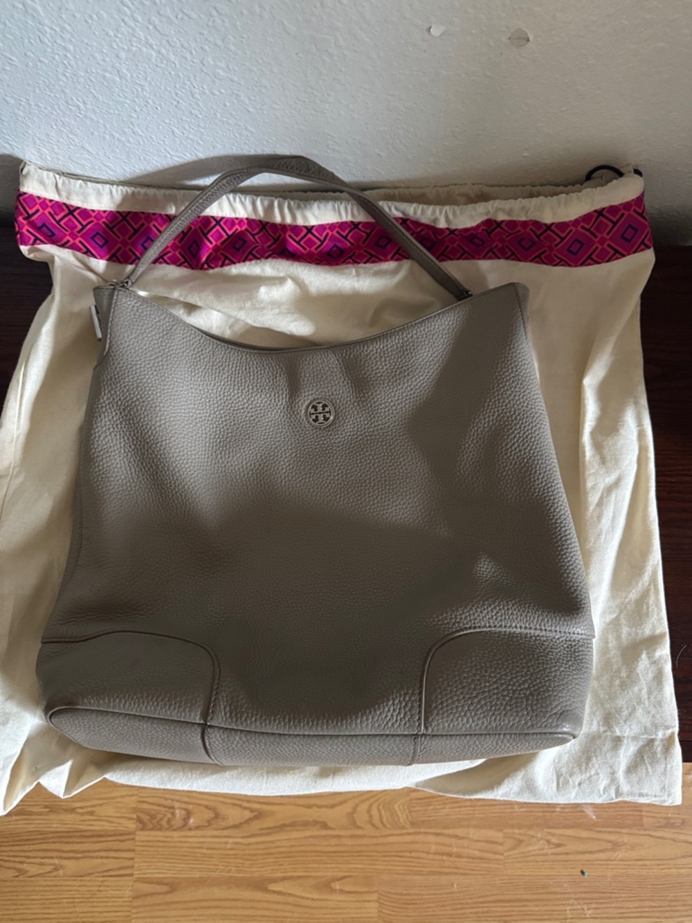 Tory Burch Taupe Pebbled Leather Shoulder Hobo